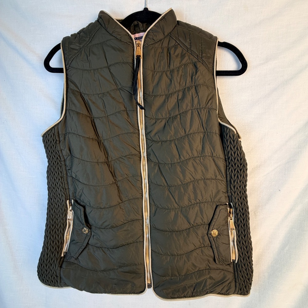 Han Ton Women Quilted Vest Puffer Padded Knit Sides Olive Green Size M